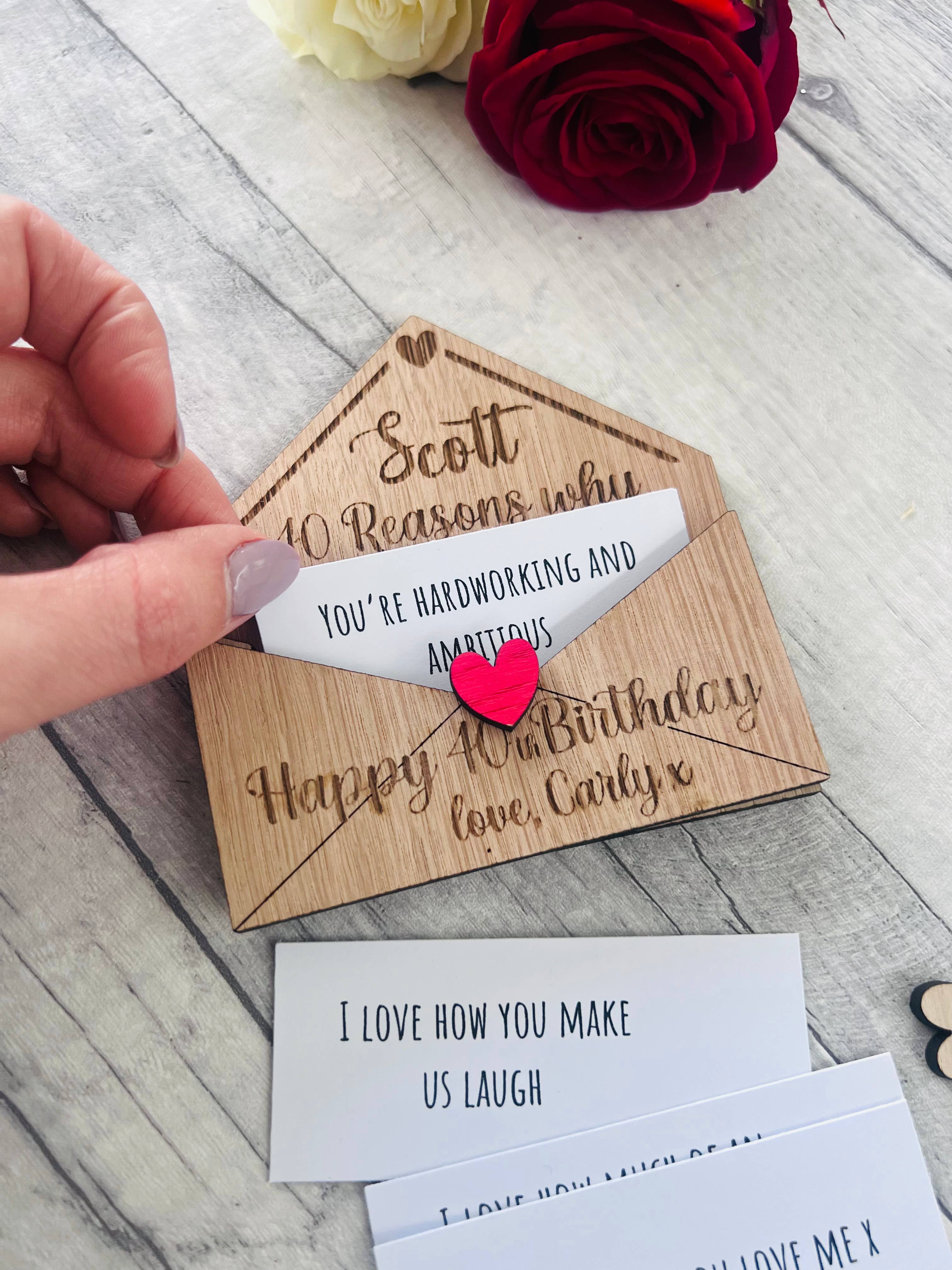 Personalised 40th Birthday Gift - Reasons Why I Love You Box - Custom Engraved Wooden Tokens for Him or Her